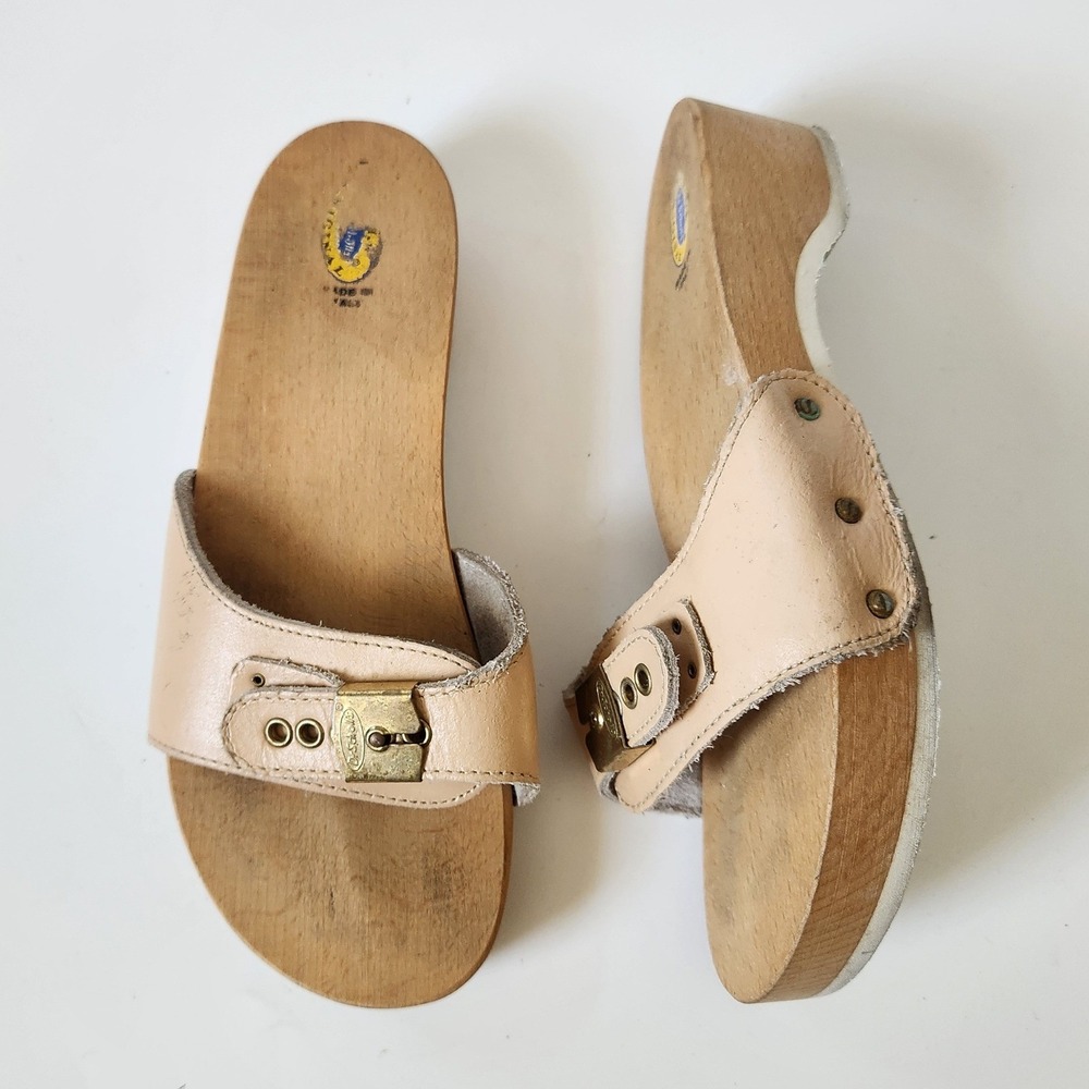 Vintage Dr Scholls Original Exercise Sandals 7.5 Leather Upper Wood Platform